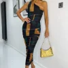 Forest Geometric Print Mesh One Shoulder Bodycon Midi Dress
