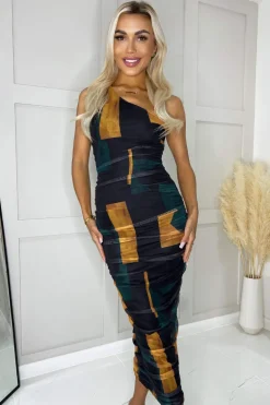 Forest Geometric Print Mesh One Shoulder Bodycon Midi Dress