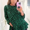 Green And Black Animal Print Long Sleeve Smock Top