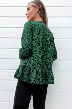 Green And Black Animal Print Long Sleeve Smock Top