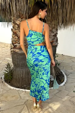 Green And Blue Abstract Printed Asymmetric Cut Out Midi Dress