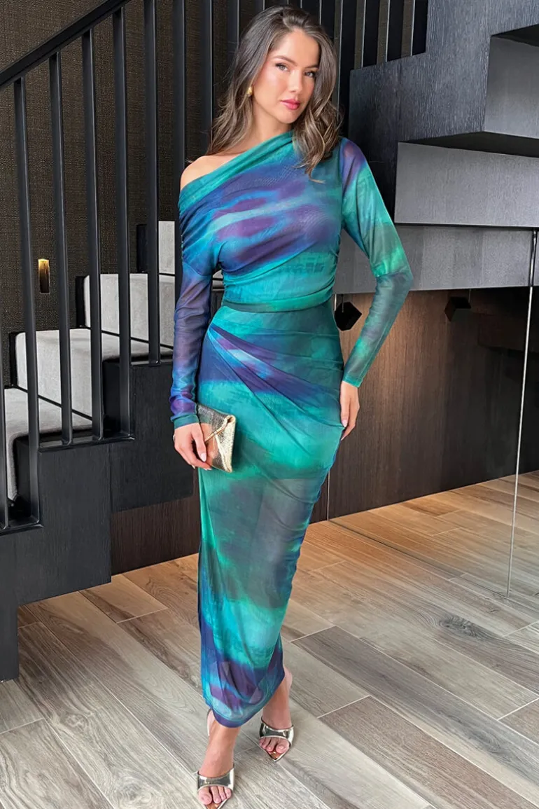 Green And Blue Tie Dye Print Mesh Off The Shoulder Draped Midi Dress