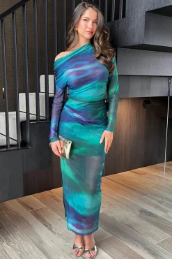Green And Blue Tie Dye Print Mesh Off The Shoulder Draped Midi Dress