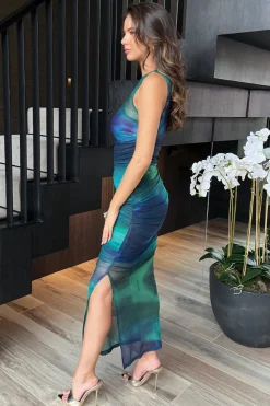 Green And Blue Tie Dye Print Mesh Overlay Bodycon Midi Dress