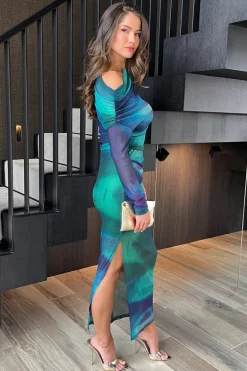 Green And Blue Tie Dye Print Mesh Off The Shoulder Draped Midi Dress