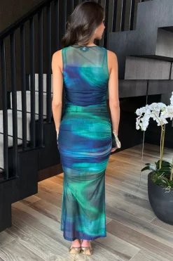 Green And Blue Tie Dye Print Mesh Overlay Bodycon Midi Dress