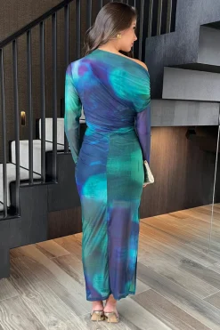 Green And Blue Tie Dye Print Mesh Off The Shoulder Draped Midi Dress
