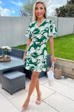 Green And White Floral Printed Short Sleeve Day Dress