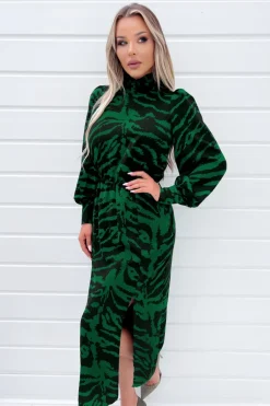 Green Animal Print High Neck Long Sleeve Midi Dress