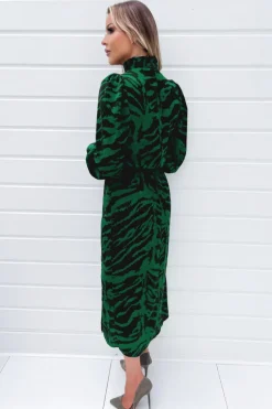 Green Animal Print High Neck Long Sleeve Midi Dress
