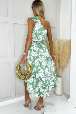 Green Floral Printed One Shoulder Frill Detail Dipped Hem Dress