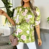 Green Floral Satin Ruched Shoulder Batwing Top