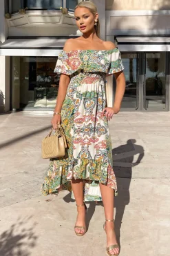 Green Paisley Multi Printed Bardot Style Midi Dress