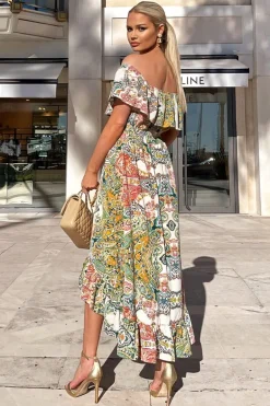 Green Paisley Multi Printed Bardot Style Midi Dress