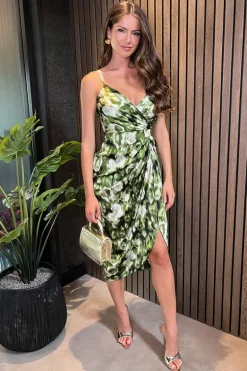 Green Printed Strappy Gathered Side Midi Dress