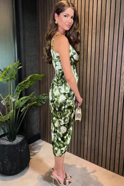 Green Printed Strappy Gathered Side Midi Dress