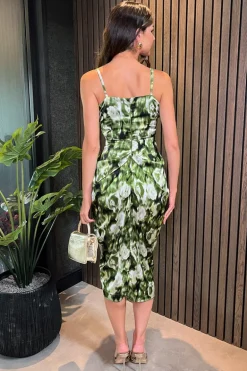 Green Printed Strappy Gathered Side Midi Dress