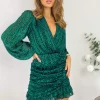 Green Ruched Long Sleeve Mini Dress