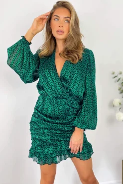 Green Ruched Long Sleeve Mini Dress