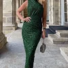 Green Sequin Ruched Side Split Leg Midi Dress