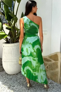 Green Tie Dye Print One Shoulder Cut Out Pleated Midi Dress