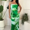 Green Tie Dye Print Ruched Side Strappy Midi Dress