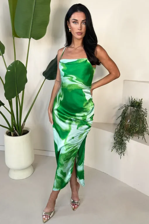 Green Tie Dye Print Ruched Side Strappy Midi Dress