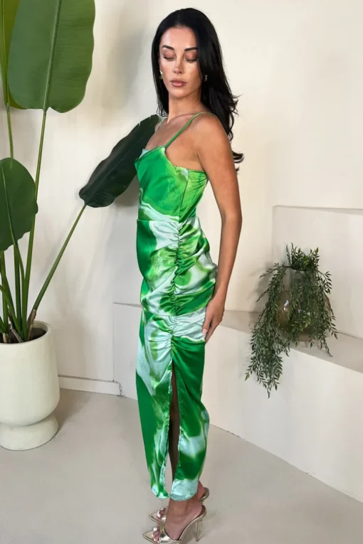Green Tie Dye Print Ruched Side Strappy Midi Dress