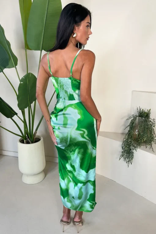 Green Tie Dye Print Ruched Side Strappy Midi Dress