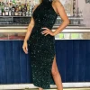 Green Velvet And Sequin Racer Neck Midi Dress