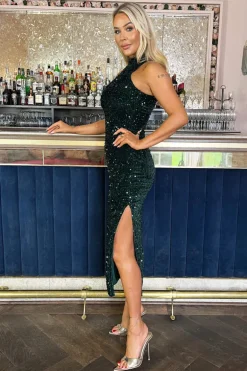 Green Velvet And Sequin Racer Neck Midi Dress