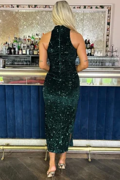 Green Velvet And Sequin Racer Neck Midi Dress