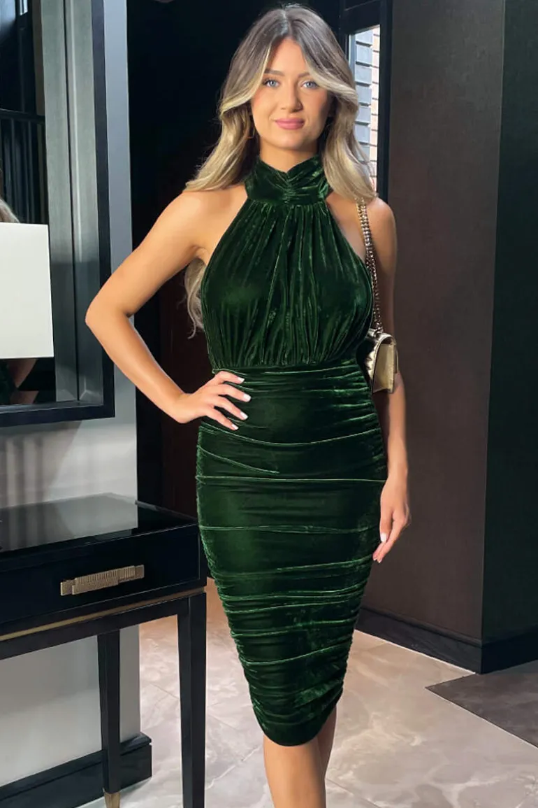 Green Velvet Halterneck Midi Dress