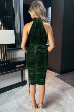 Green Velvet Halterneck Midi Dress