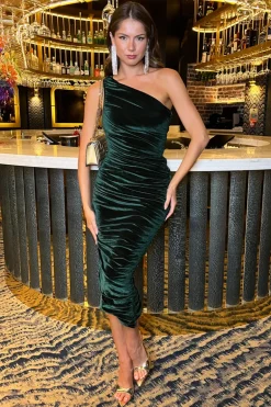 Green Velvet One Shoulder Asymmetric Hem Ruched Midi Dress