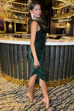 Green Velvet One Shoulder Asymmetric Hem Ruched Midi Dress