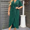 Green Wrap Top Belted Short Sleeve Plisse Midi Dress