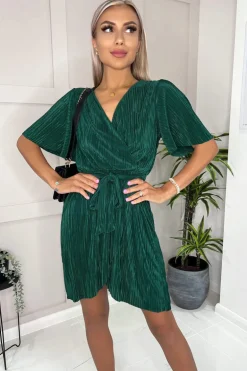 Green Wrap Top Belted Short Sleeve Plisse Mini Dress