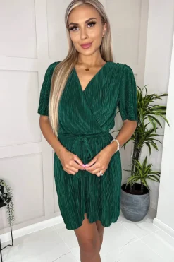 Green Wrap Top Belted Short Sleeve Plisse Mini Dress