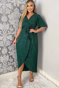 Green Wrap Top Belted Short Sleeve Plisse Midi Dress