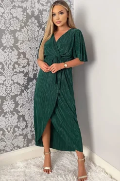Green Wrap Top Belted Short Sleeve Plisse Midi Dress