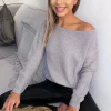 Grey Off The Shoulder Knitted Jumper