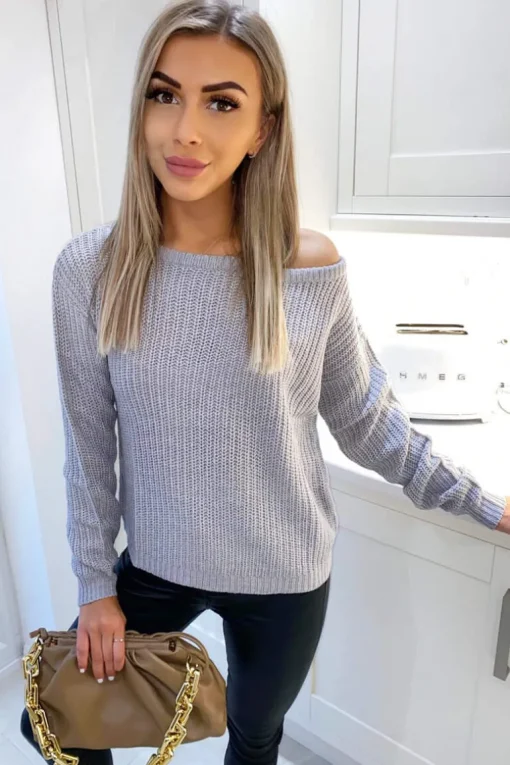 Grey Off The Shoulder Knitted Jumper