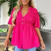 Hot Pink Button Up Ruched Detail Smock V-Neck Top