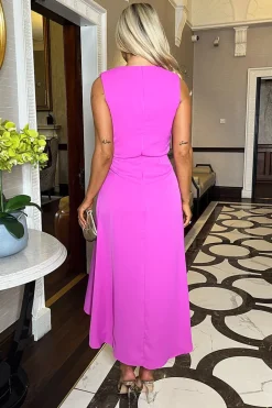 Hot Pink Gathered Midi Dress With Shoulder Pads