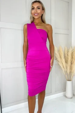 Hot Pink One Shoulder Ruched Bodycon Midi Dress
