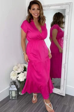 Hot Pink Short Sleeved V-Neck Midi Smock Dress