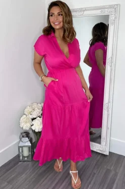 Hot Pink Short Sleeved V-Neck Midi Smock Dress