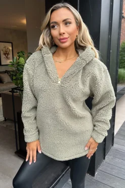 Khaki 1/4 Zip Teddy Hoodie