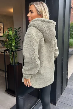 Khaki 1/4 Zip Teddy Hoodie